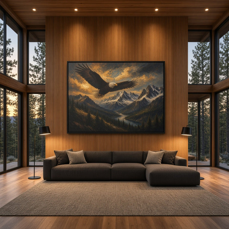 Black framed canvas wall art featuring a soaring eagle against mountain ridgelines.