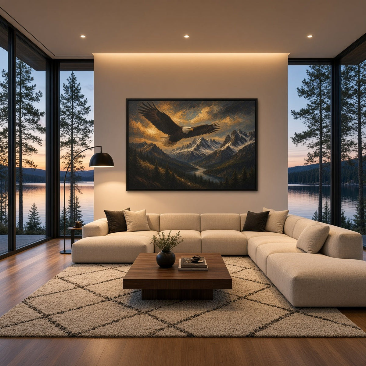 Black framed canvas wall art with a flying white eagle over a mountain valley panorama.