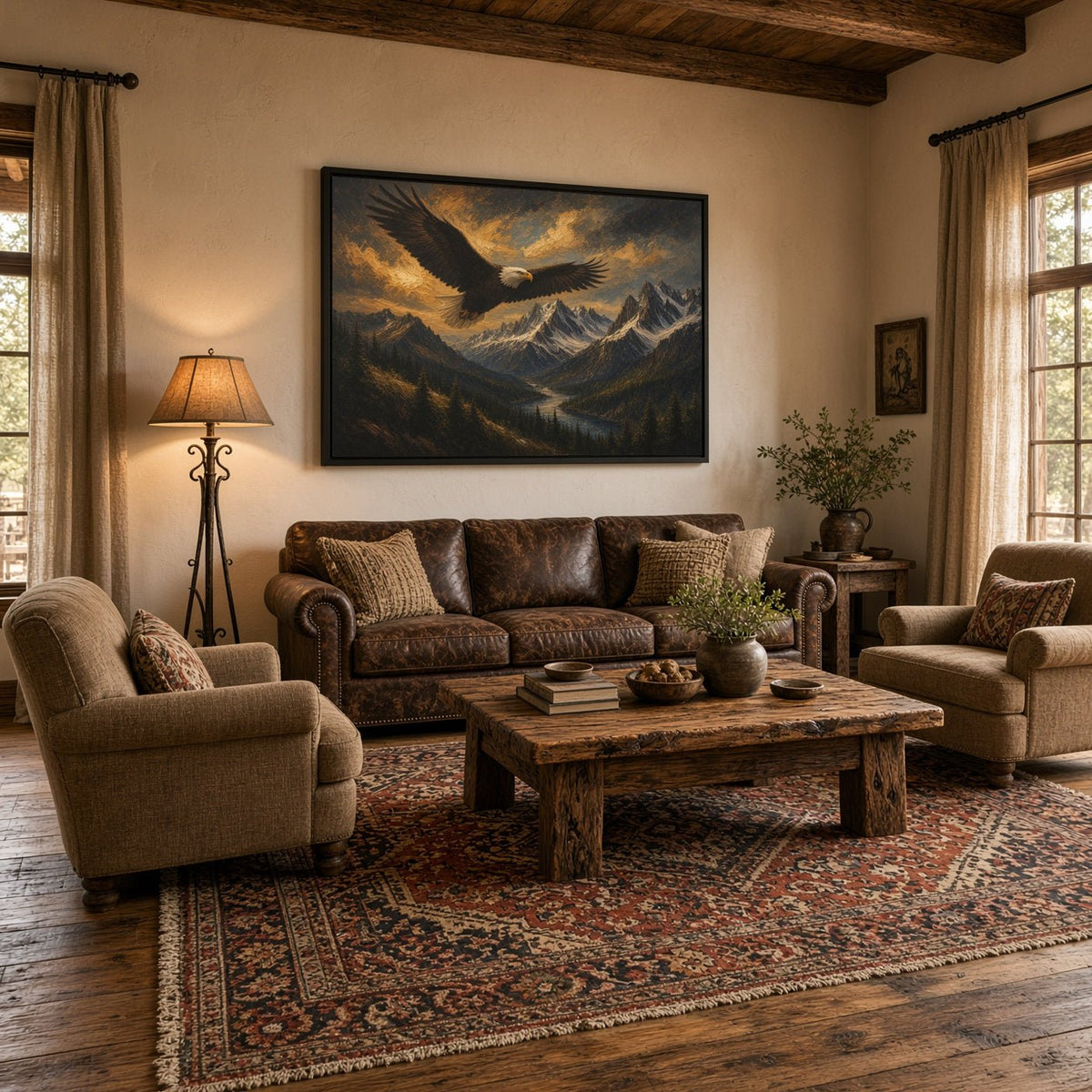 Black framed canvas wall art featuring an eagle in flight above rugged mountains.
