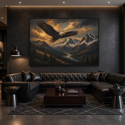 Black framed canvas wall art of a soaring eagle over a pine forest mountain valley.