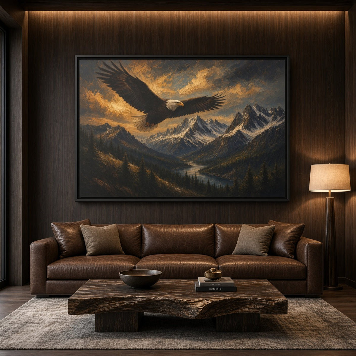 Black framed canvas wall art showing a large eagle soaring above mountain peaks.