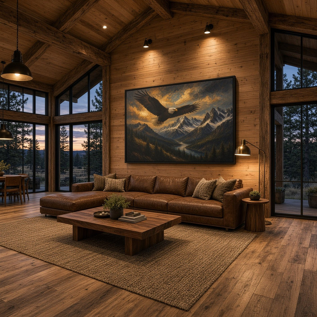 Black framed canvas wall art with a flying eagle over layered mountain ranges.