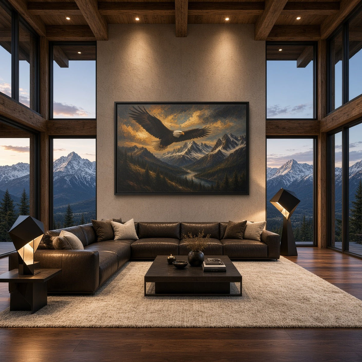 Black framed landscape canvas wall art featuring a soaring eagle in a mountain scene.
