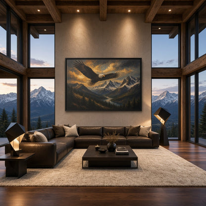 Black framed landscape canvas wall art featuring a soaring eagle in a mountain scene.