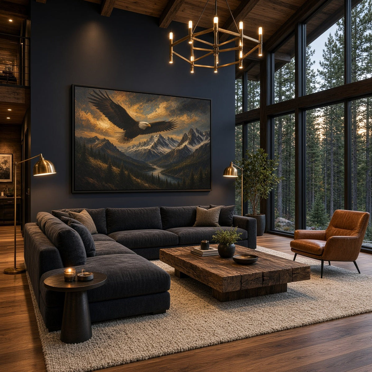 Black framed canvas wall art of a flying eagle over mountain valley landscape.