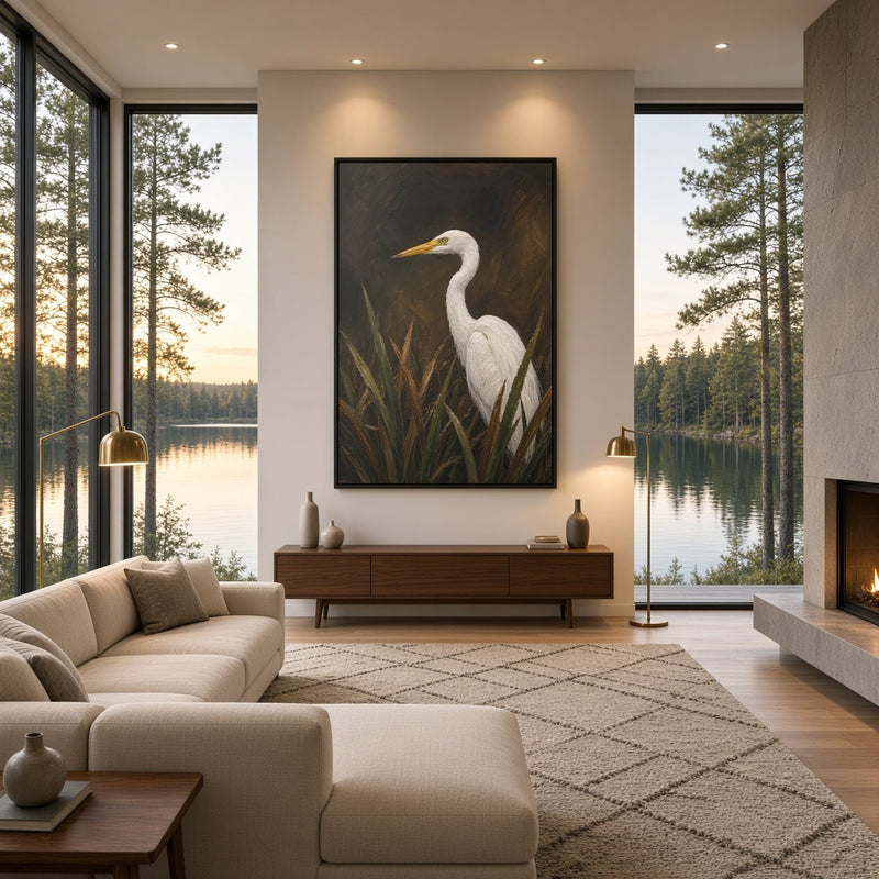 Framed egret canvas wall art with white bird and yellow beak above reeds