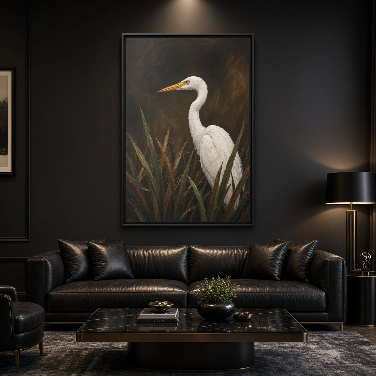 Black-framed canvas print showing a white egret with reeds and dark background