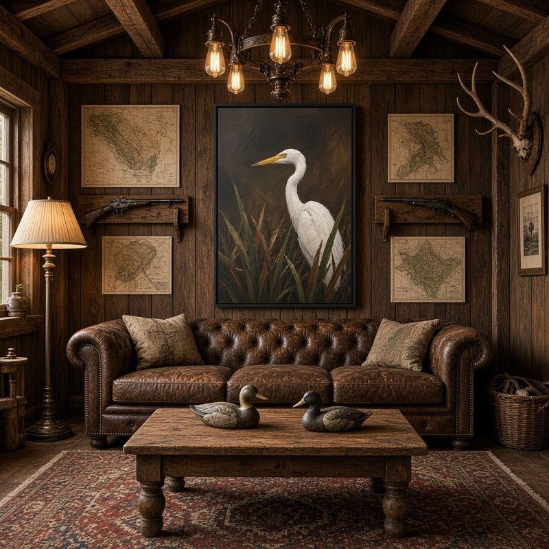 Black-framed vertical canvas print of a white egret in tall reeds