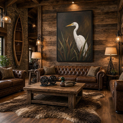 Black-framed canvas wall art featuring a white egret standing in reeds
