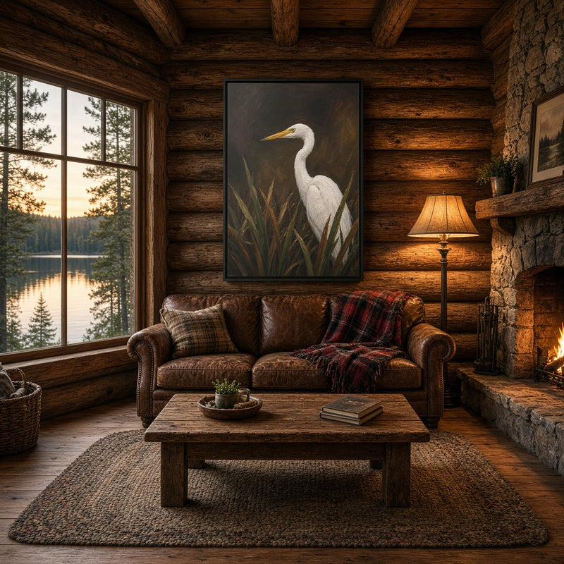 Framed egret canvas wall art featuring a white egret and reed plants