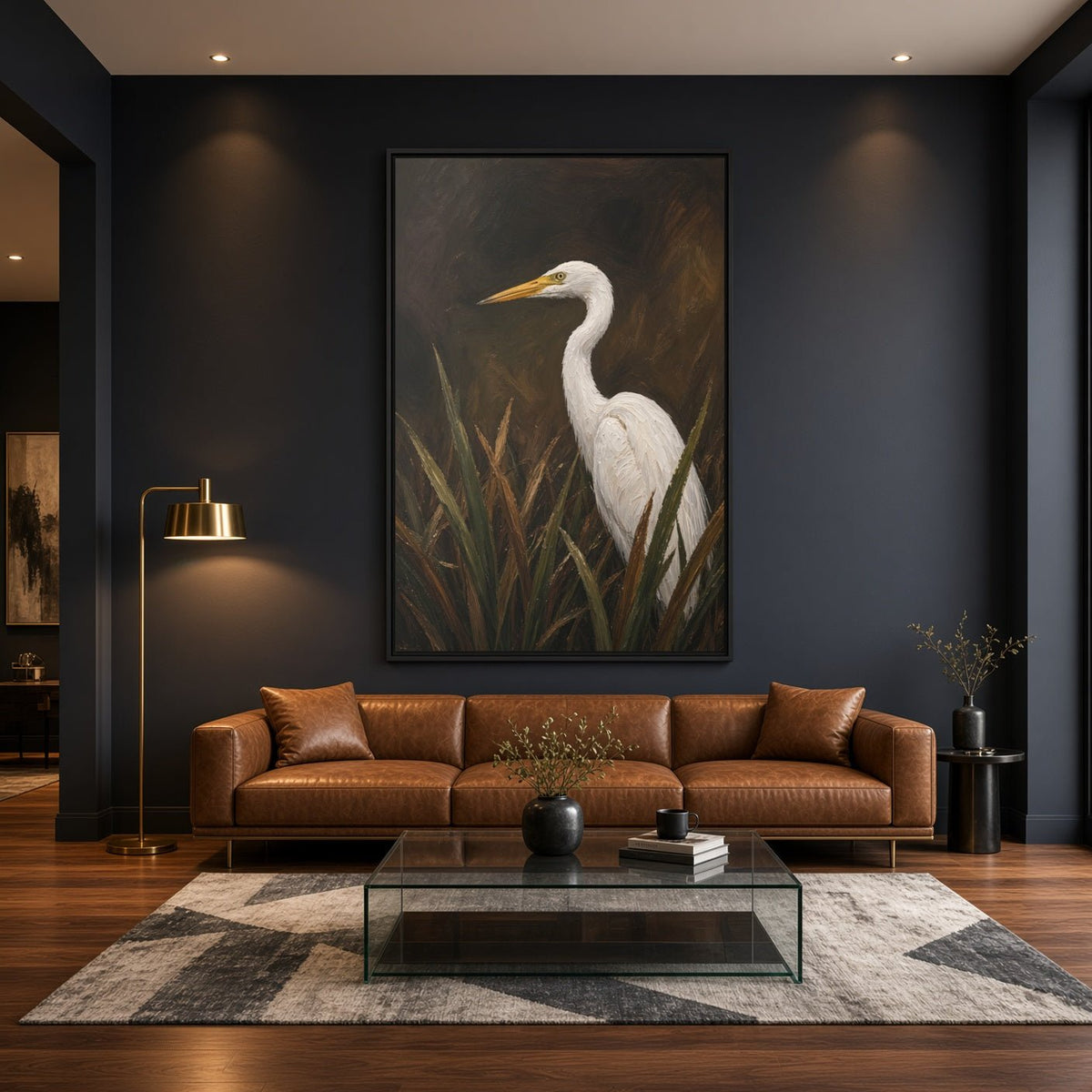 Framed egret canvas wall art with white egret, yellow beak, and reed foliage