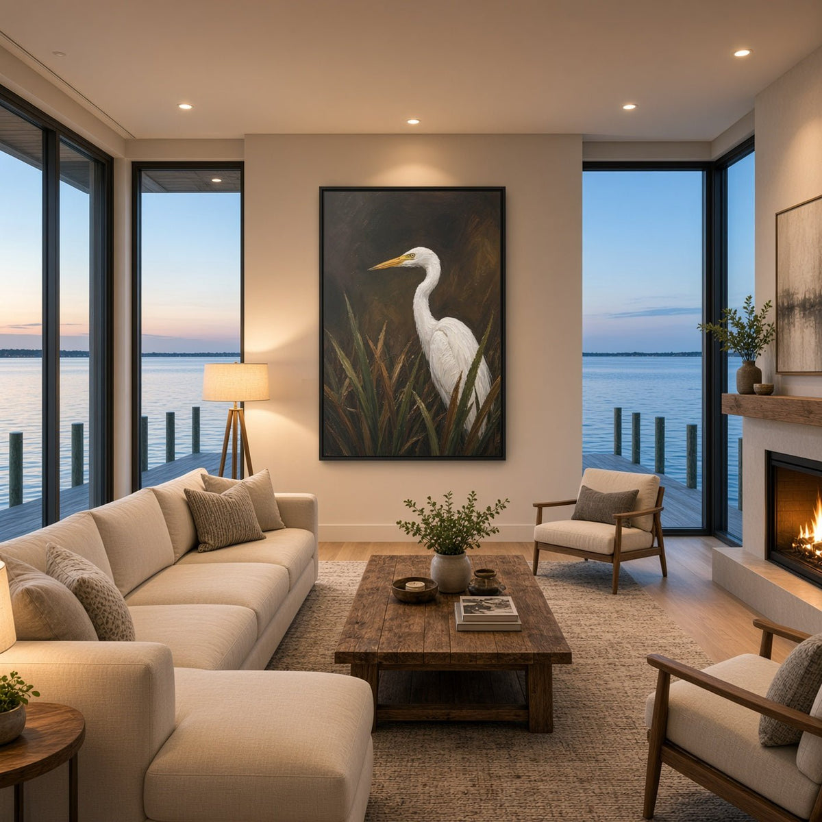 Black-framed vertical canvas print of a white egret in reeds