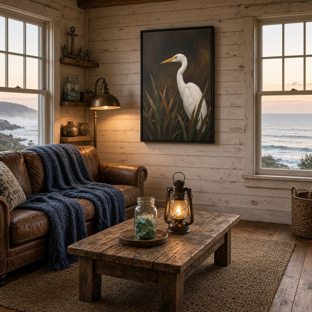 Black-framed canvas wall art featuring a white egret and tall reeds