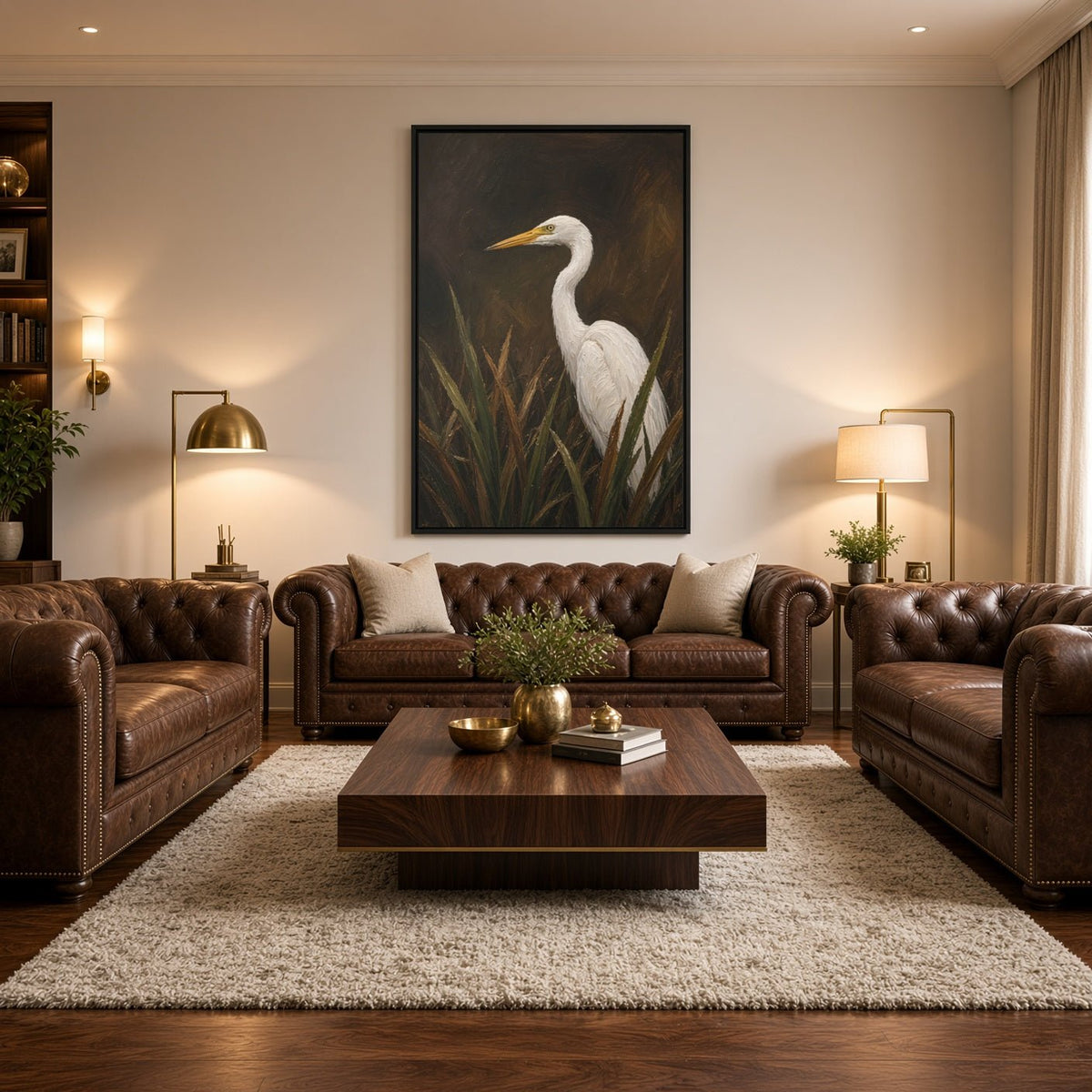 Black-framed vertical canvas depicting a white egret standing in reeds