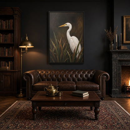 Black-framed canvas print of a white egret with reeds in a landscape scene
