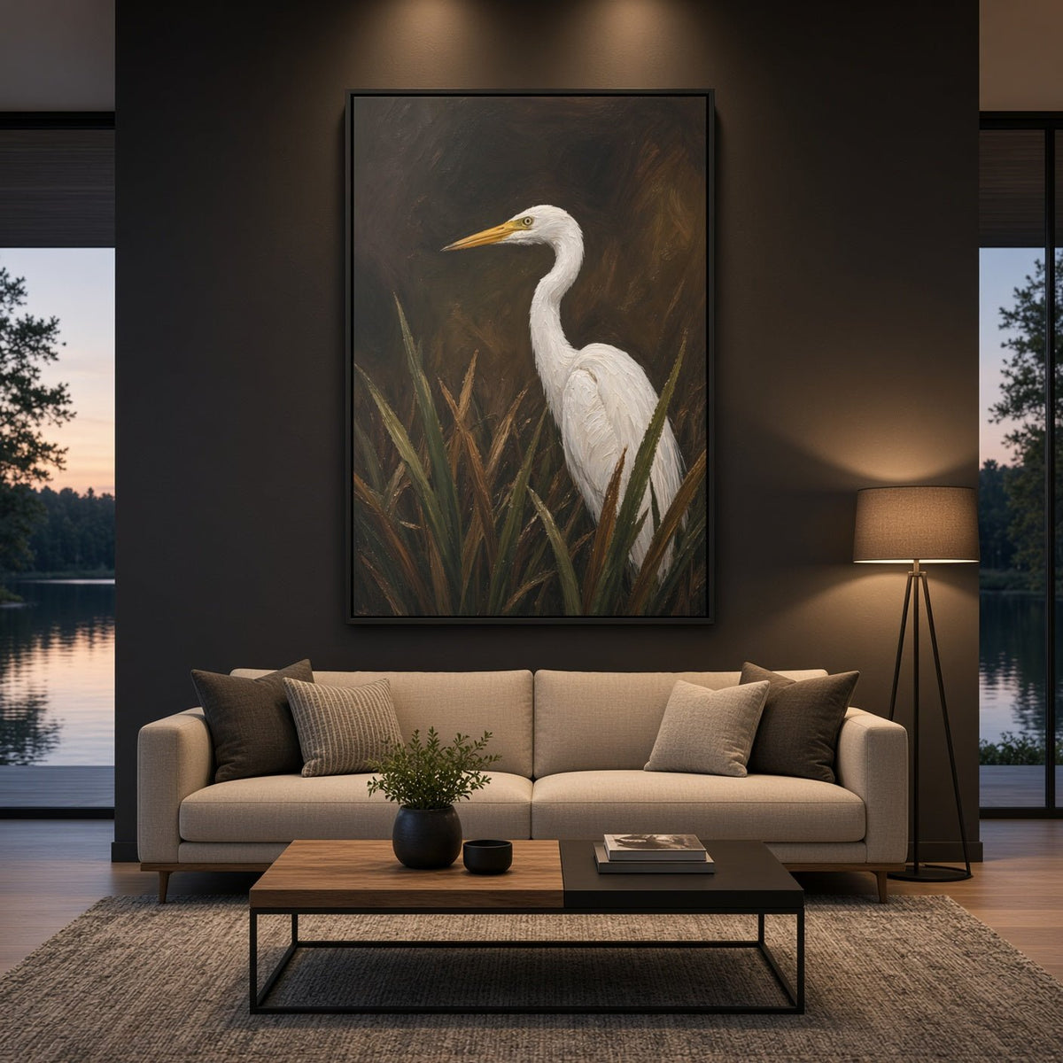 Black-framed vertical canvas artwork of a white egret among reeds