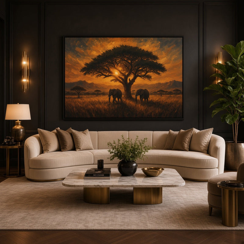 Savanna Giants | Elephant Sunset Framed Canvas