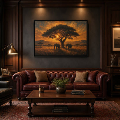 Savanna Giants | Elephant Sunset Framed Canvas