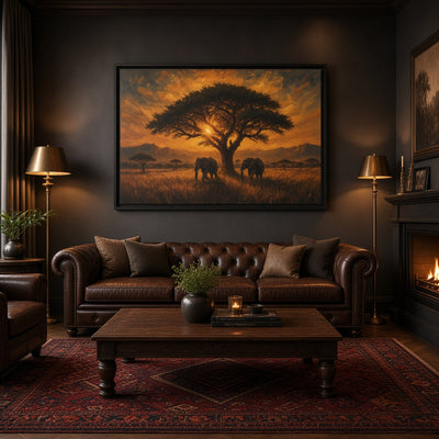 Savanna Giants | Elephant Sunset Framed Canvas