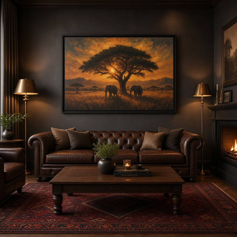 Savanna Giants | Elephant Sunset Framed Canvas