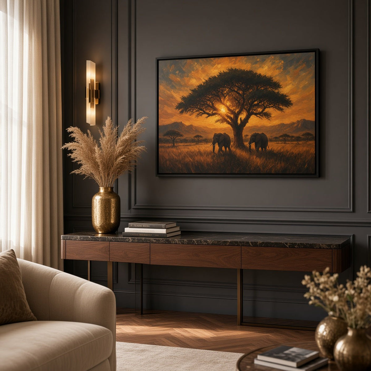 Savanna Giants | Elephant Sunset Framed Canvas