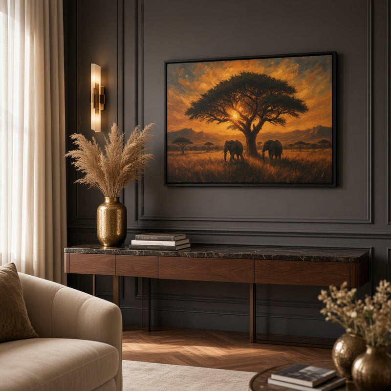 Savanna Giants | Elephant Sunset Framed Canvas