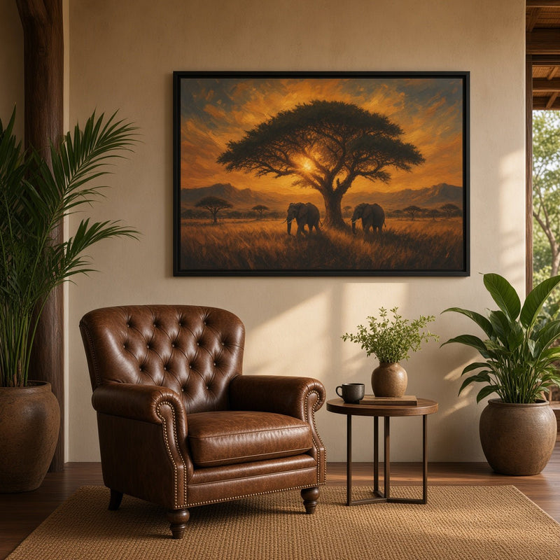 Savanna Giants | Elephant Sunset Framed Canvas