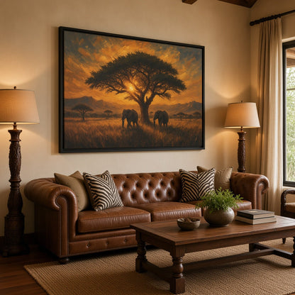 Savanna Giants | Elephant Sunset Framed Canvas