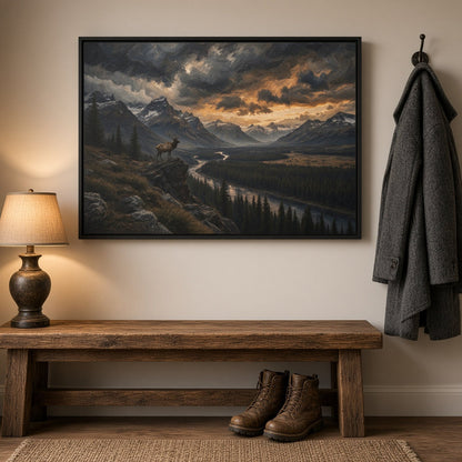 Black-framed canvas wall art of a mountain valley with elk silhouette