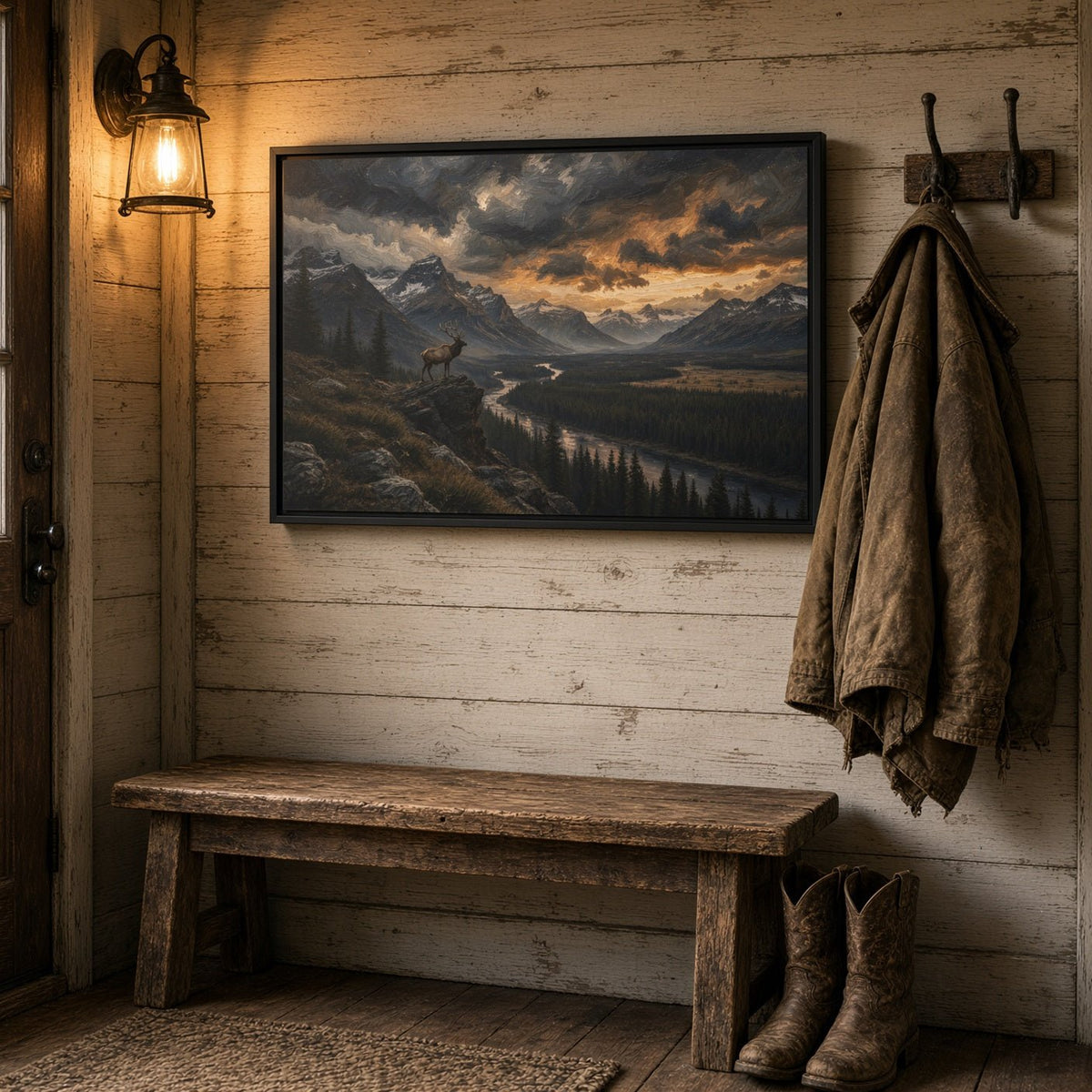 Framed canvas wall art on wall, mountain valley landscape with elk at sunset