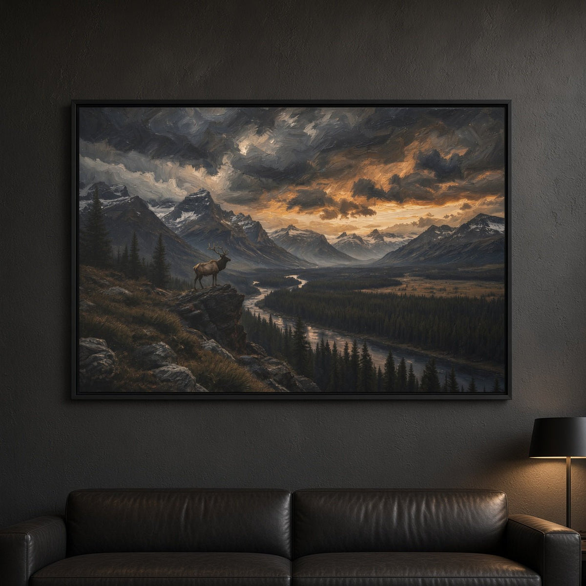 Framed canvas wall art with black frame and mountain scene, elk near river bend