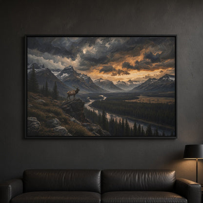 Framed canvas wall art with black frame and mountain scene, elk near river bend