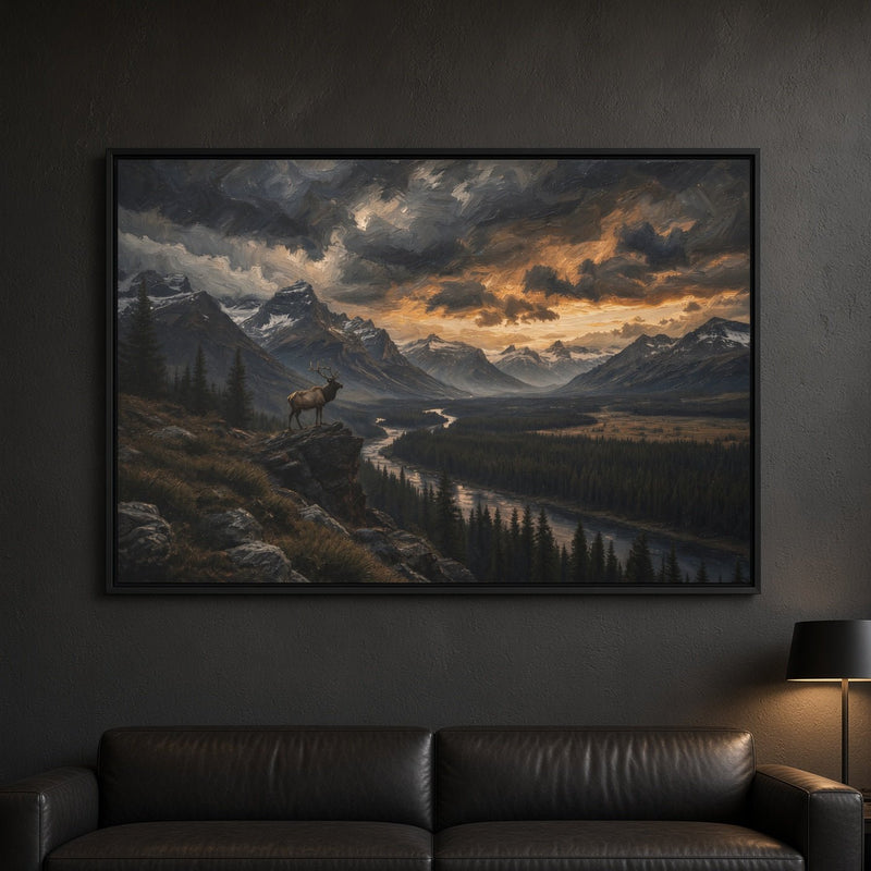 Framed canvas wall art with black frame and mountain scene, elk near river bend