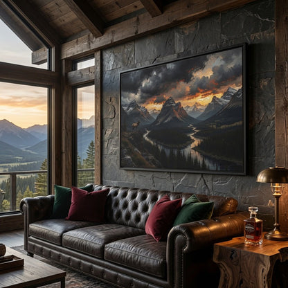 Framed matte canvas landscape with mountain peaks and winding valley, black frame on wall