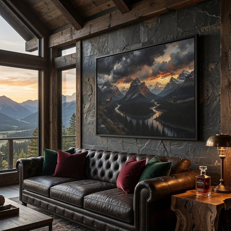 Framed matte canvas landscape with mountain peaks and winding valley, black frame on wall