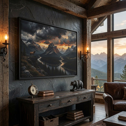 Mountain sunset framed matte canvas on dark wall, black frame, dramatic clouds and valley