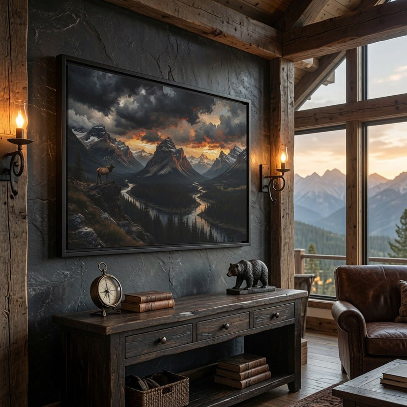 Mountain sunset framed matte canvas on dark wall, black frame, dramatic clouds and valley