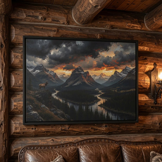 Black-framed matte canvas landscape with mountain peaks, forest valley, and sunset sky