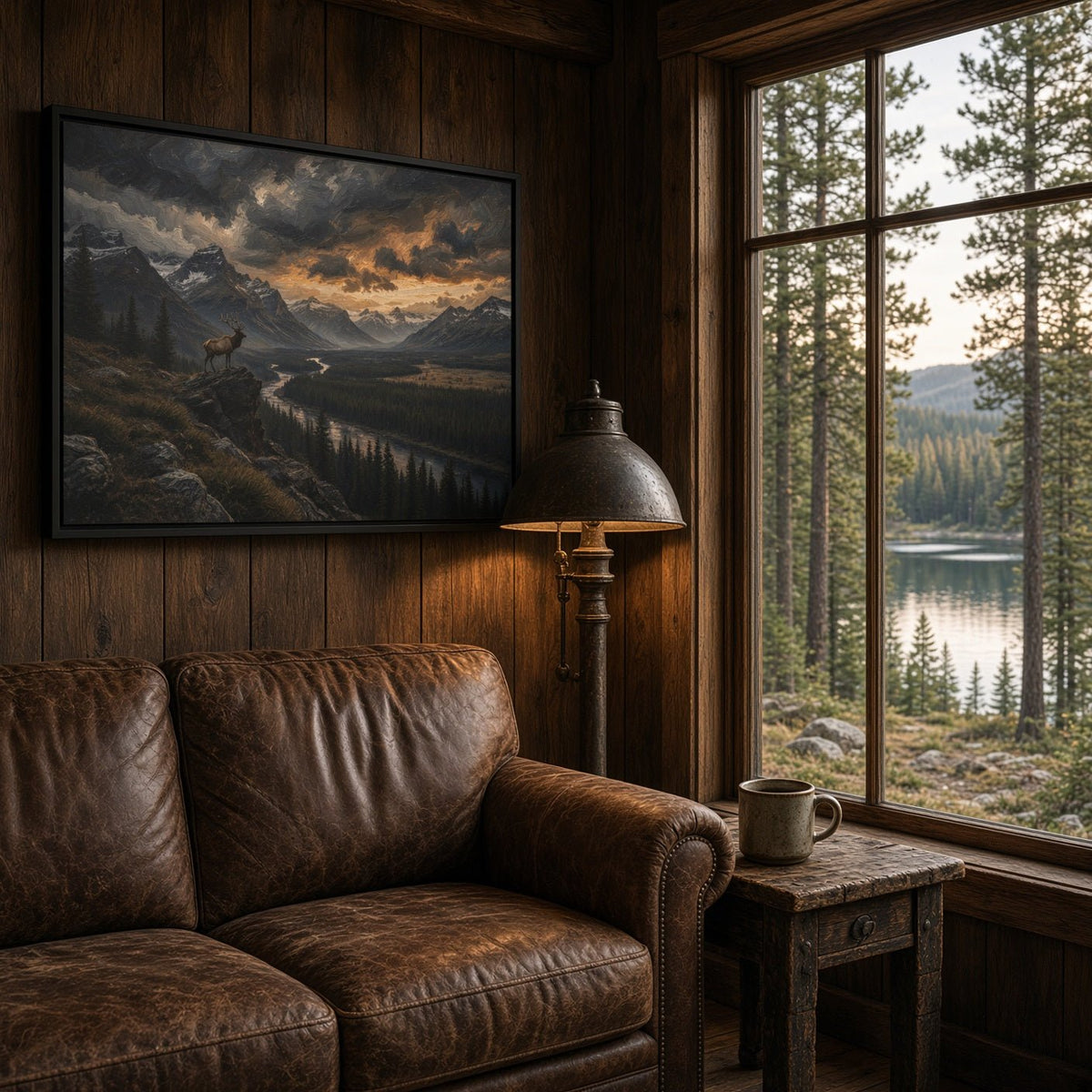 Black-framed canvas wall art with dramatic mountains, river valley, and elk