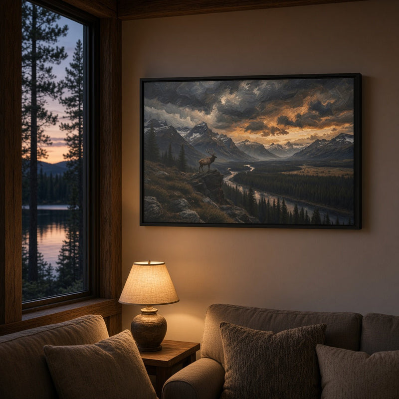 Black-framed canvas wall art showing mountain range, forest valley, and elk