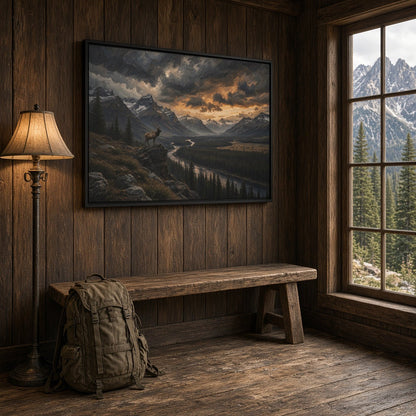 Black-framed canvas wall art with mountain range, valley path, and elk