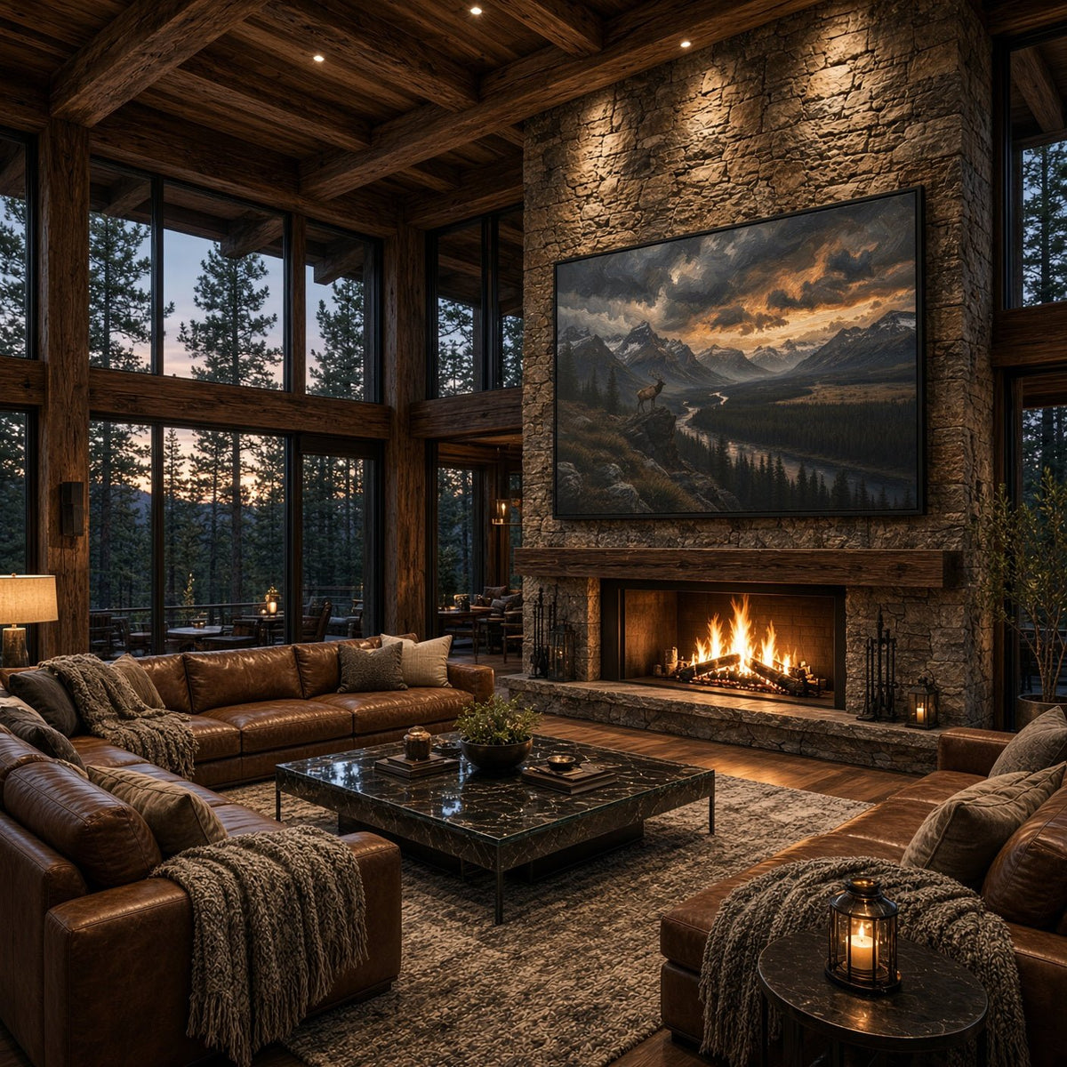 Framed mountain valley canvas print mounted over a stone fireplace