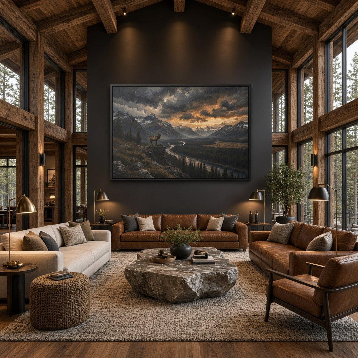 Framed mountain valley landscape canvas print centered on wall in a lodge