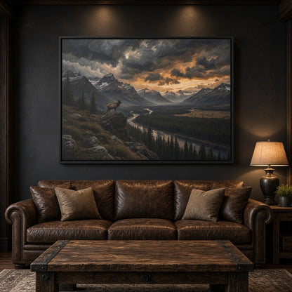 Framed mountain landscape canvas print with winding river and sunset clouds