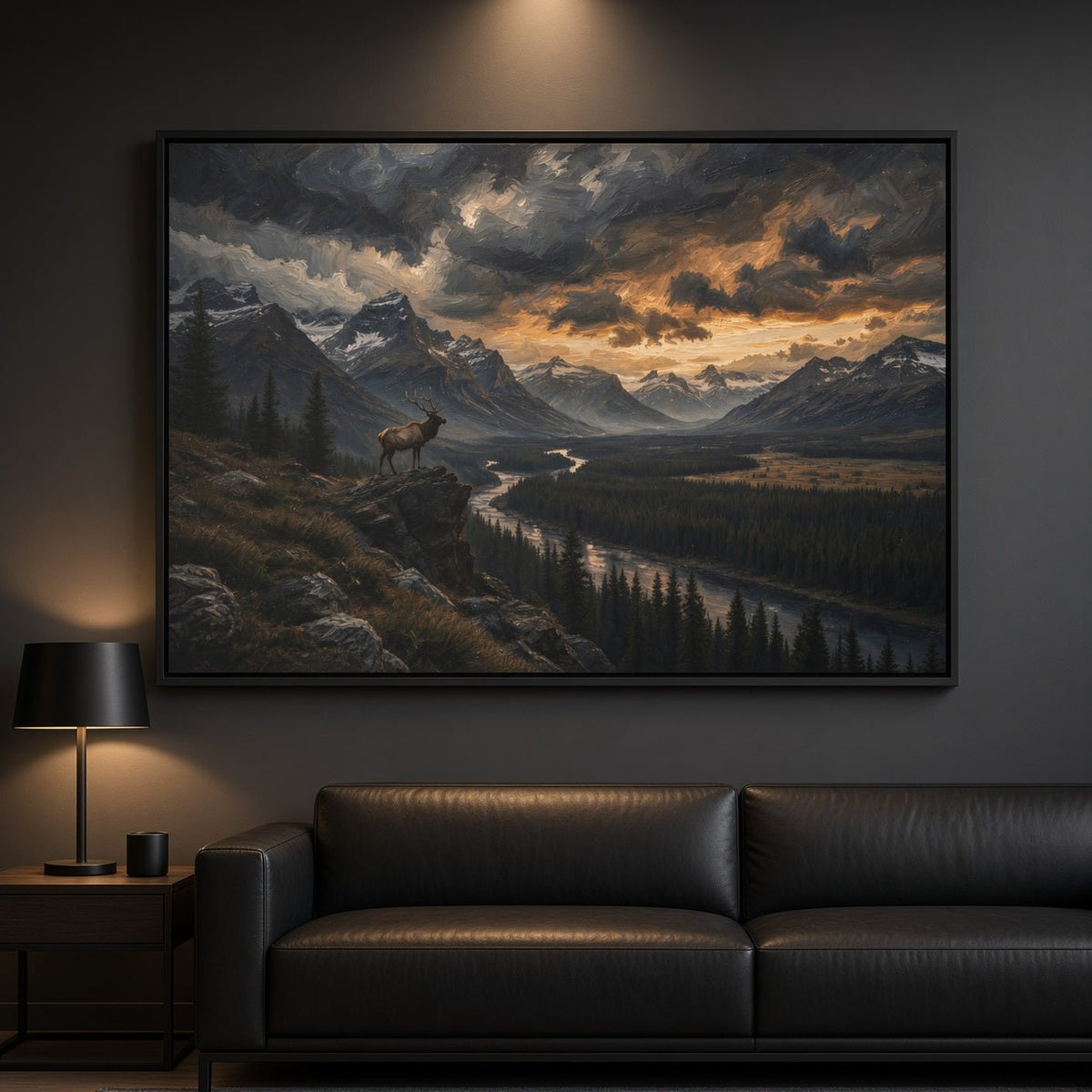 Framed mountain and valley landscape canvas print with dark frame and sunset sky