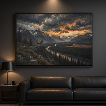 Framed mountain and valley landscape canvas print with dark frame and sunset sky