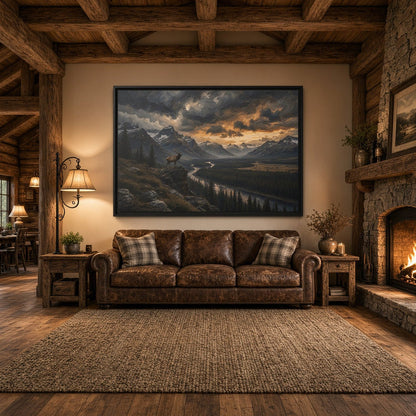 Framed landscape canvas with elk on hillside, winding river and pine trees, black frame