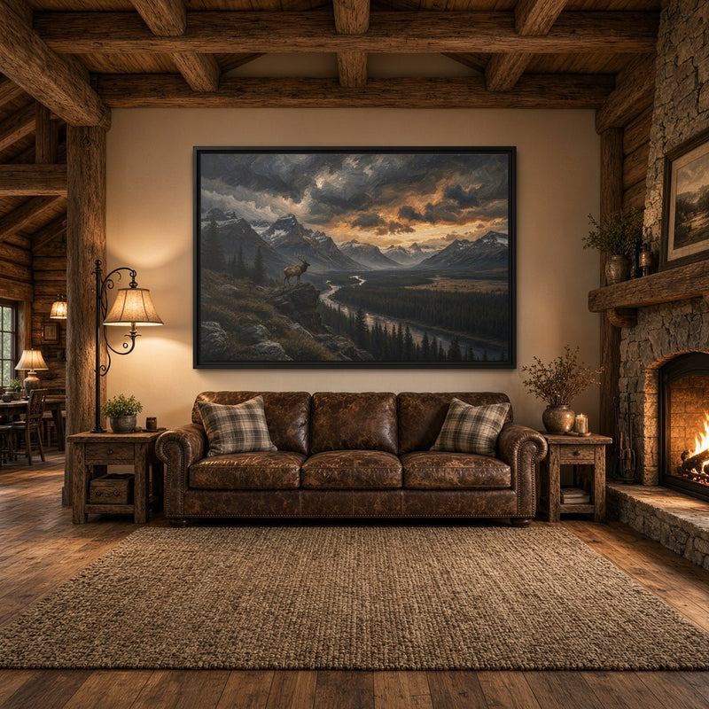 Framed landscape canvas with elk on hillside, winding river and pine trees, black frame