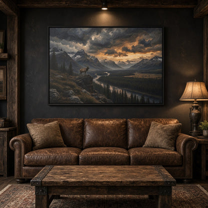 Framed landscape canvas with elk overlooking winding river through forest, sunset clouds, black frame