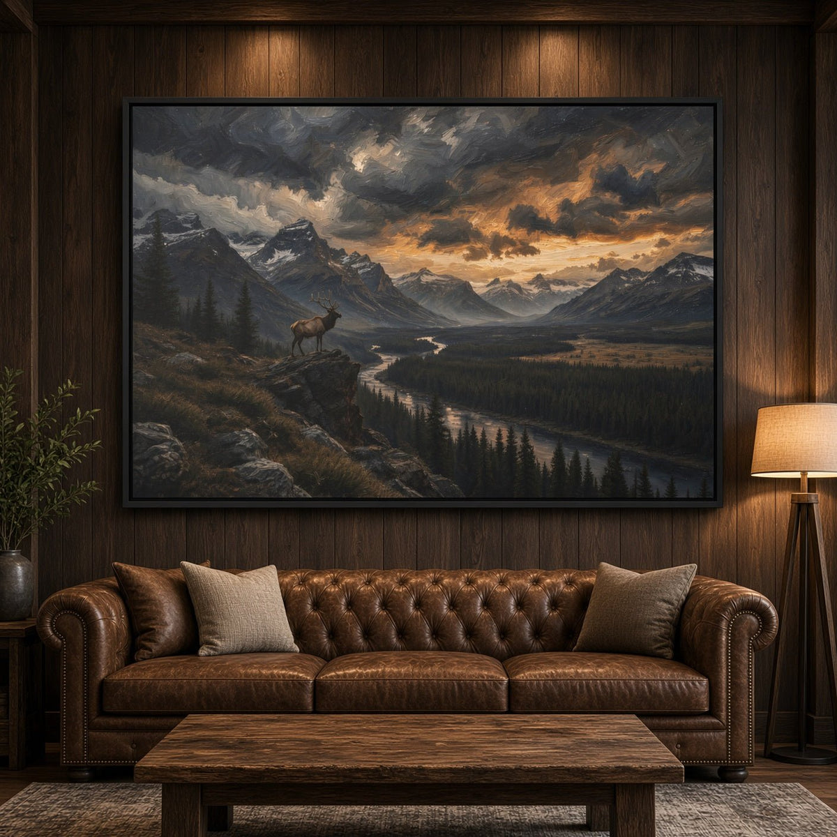 Framed landscape canvas showing elk overlooking valley river and pine forest, black frame